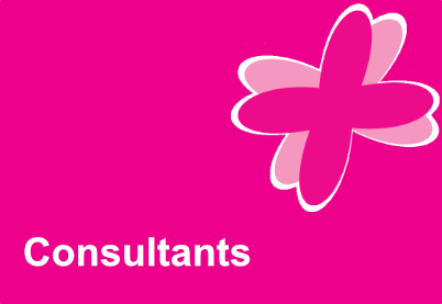 Pink tile with a pink flourish in the top tight hand corner. The word Consultants is contained within the tile.