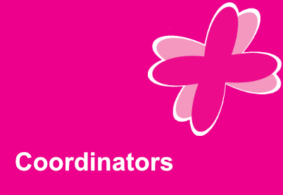 Pink tile with a pink flourish in the top tight hand corner. The word coordinators is contained within the tile.