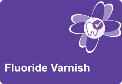 Purple tile with a purple flourish in the top tight hand corner. In the centre of the purple flourish is a tooth icon with a tick. The words Fluoride Varnish are contained within the tile.