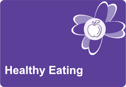 Purple tile with a purple flourish in the top tight hand corner. In the centre of the purple flourish is an apple icon. The words Health Eating are contained within the tile.