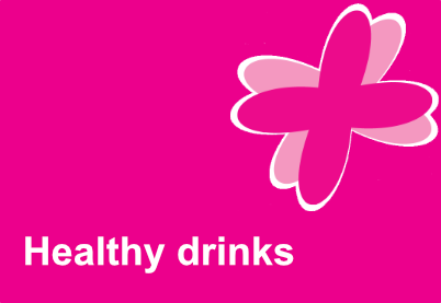 Pink tile with a pink flourish in the top tight hand corner. The words healthy drinks are contained within the tile.