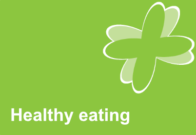 Green tile with a green flourish in the top tight hand corner. The words healthy eating are contained within the tile.