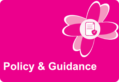 Pink tile with a pink flourish in the top tight hand corner. In the centre of the pink flourish is a checklist icon with a pink tick. The words Policy and Guidance are contained within the tile.