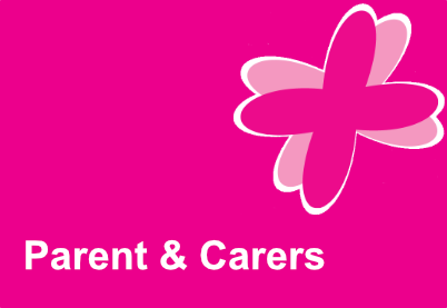 Pink tile with a pink flourish in the top tight hand corner. The word Parent & Carers are also contained within the tile.