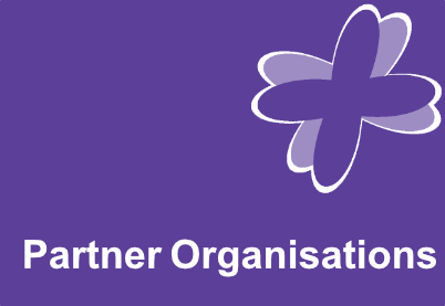 Purple tile with a purple flourish in the top tight hand corner. The words partner organisations are contained within the tile.