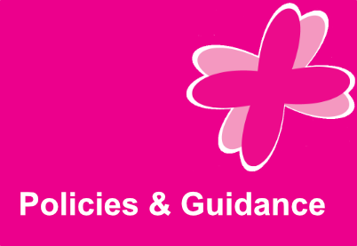 Pink tile with a pink flourish in the top tight hand corner. The words policies & guidance are contained within the tile.