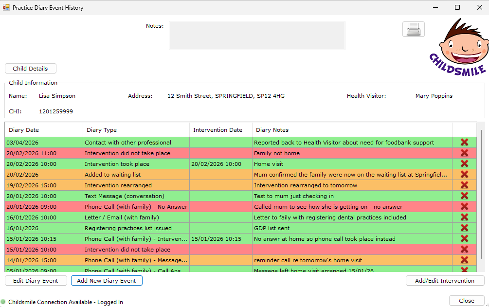 Practice Diary Event History