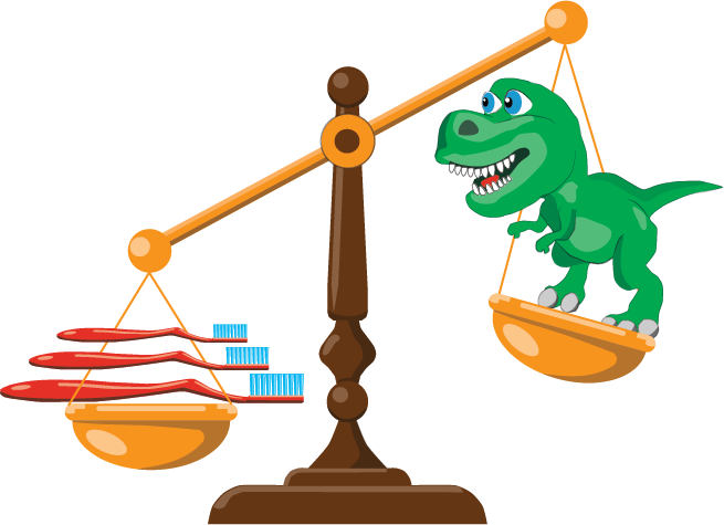 Scales with 3 toothbrushes representing 9 tonnes of plastic and the other side of the scales has a a T-Rex Dinosaur 