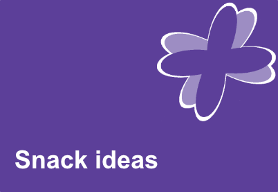 Purple tile with a purple flourish in the top tight hand corner. The words snack ideas are contained within the tile.