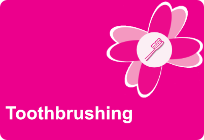 Pink tile with a pink flourish in the top tight hand corner. In the centre of the green flourish is a tooth icon. The word Toothbrushing is contained within the tile.