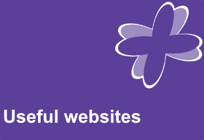 Purple tile with a purple flourish in the top tight hand corner. The words useful websites are contained within the tile.