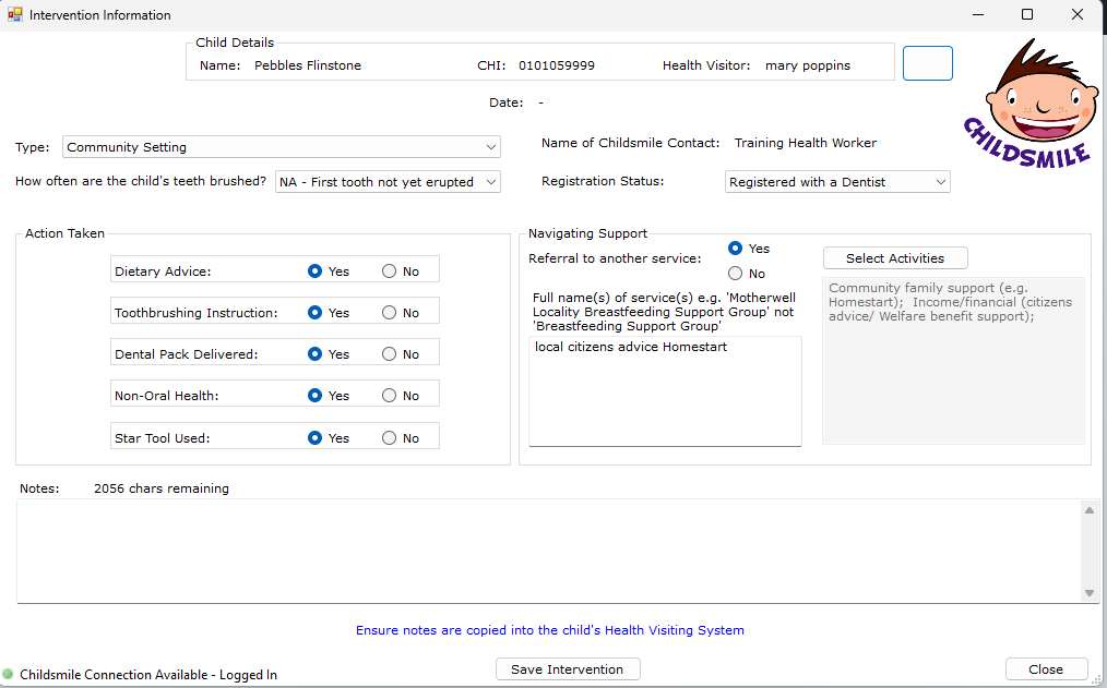 Intervention information - HIC screen
